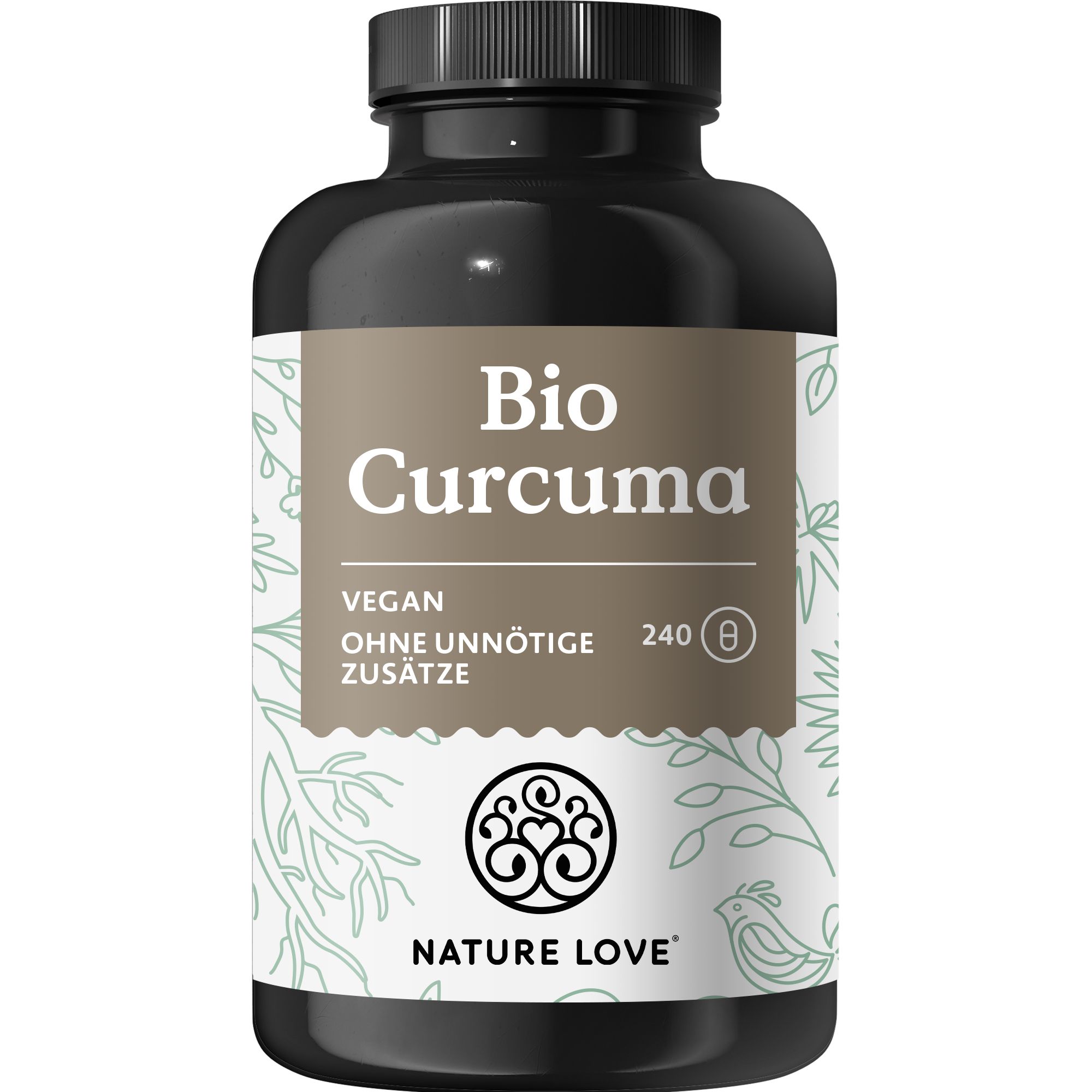 Braune Flasche mit schwarzem Deckel. Aufschrift: Bio Curcuma, vegan, ohne unnötige Zusätze. Logo: NATURE LOVE®.