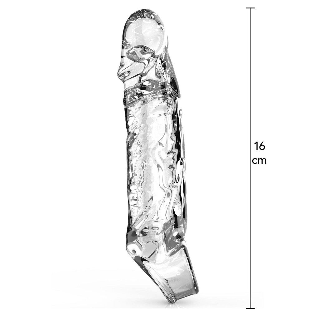 Transparente Penishülle, wellenförmige Oberfläche, mit Längenangabe '16 cm'.
