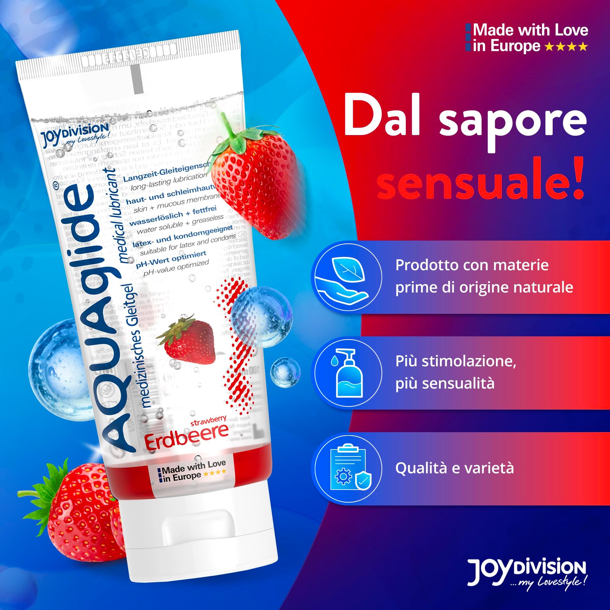 AquaGlade Erdbeer Gleitgel Tube, mit Erdbeeren und Wasserblasen.