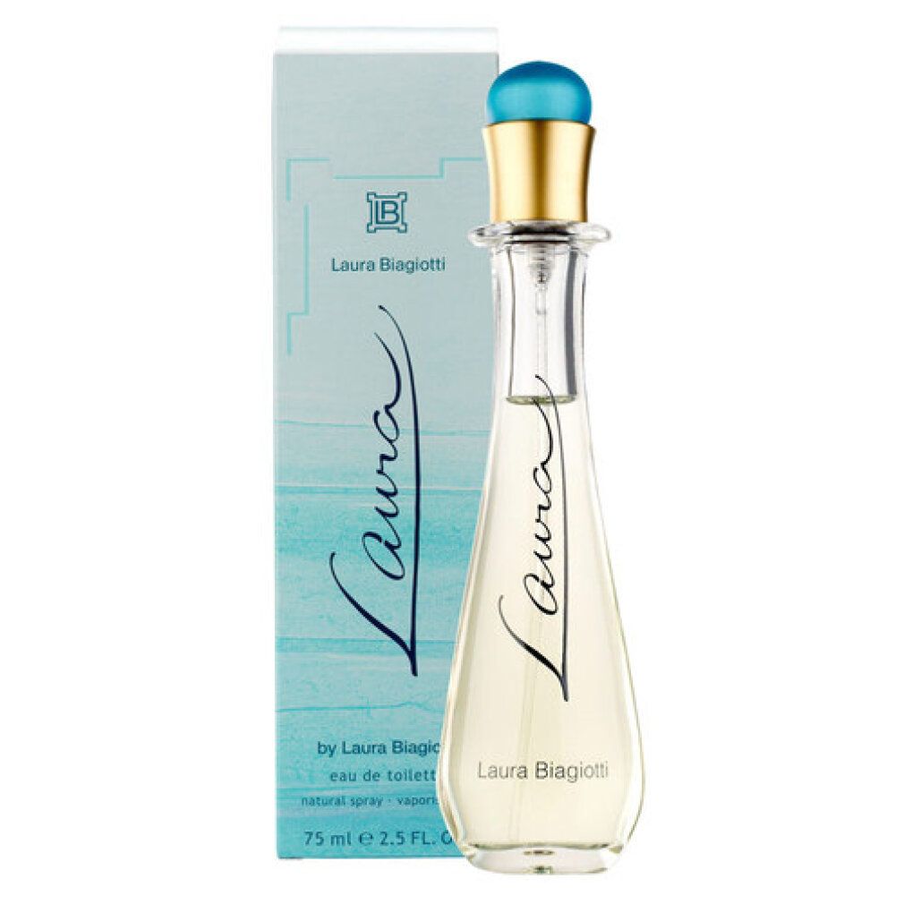 Parfümflasche mit Verpackung. Flasche mit blauem Deckel und goldener Kappe. Verpackung mit Schriftzug "Laura".