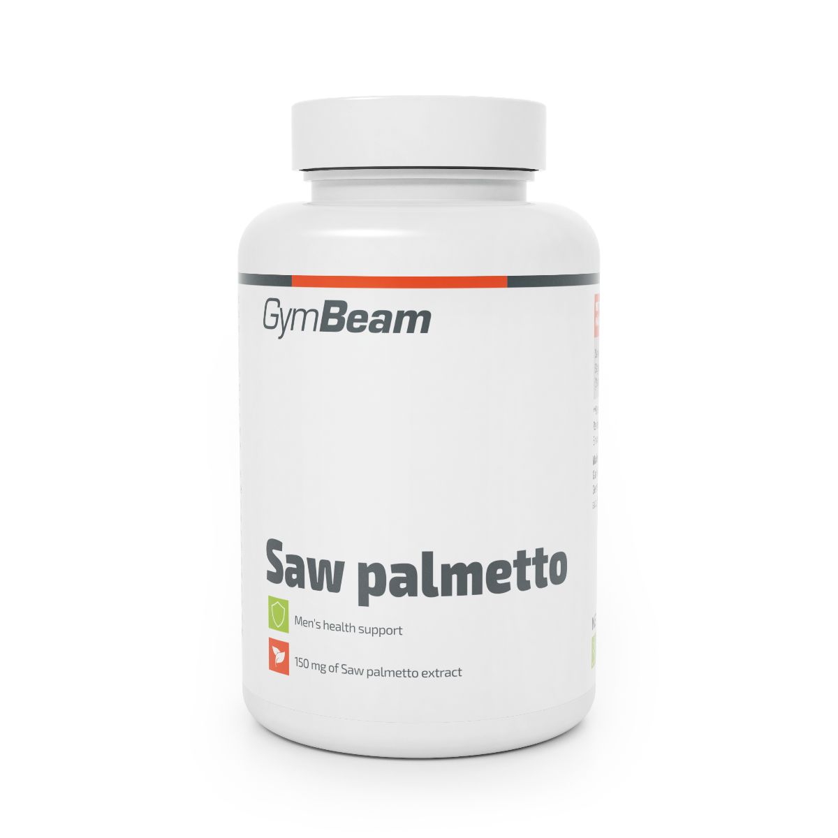 GymBeam Saw palmetto Kapseln: Weißer Behälter mit schwarzem Etikett, das Saw palmetto und Männergesundheit hervorhebt.