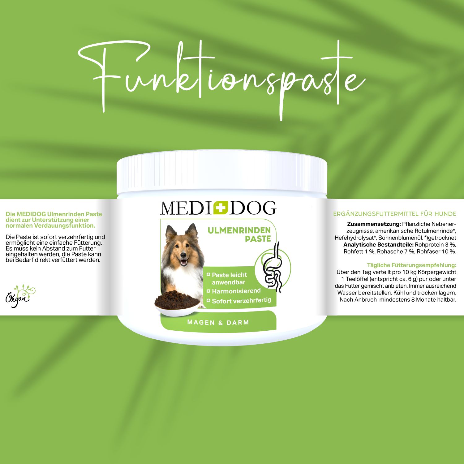 Ein weißer Behälter mit der Aufschrift MEDIDOG ULMENRINDE PASTE. Ein Hund und eine Darmsymbol sind abgebildet.