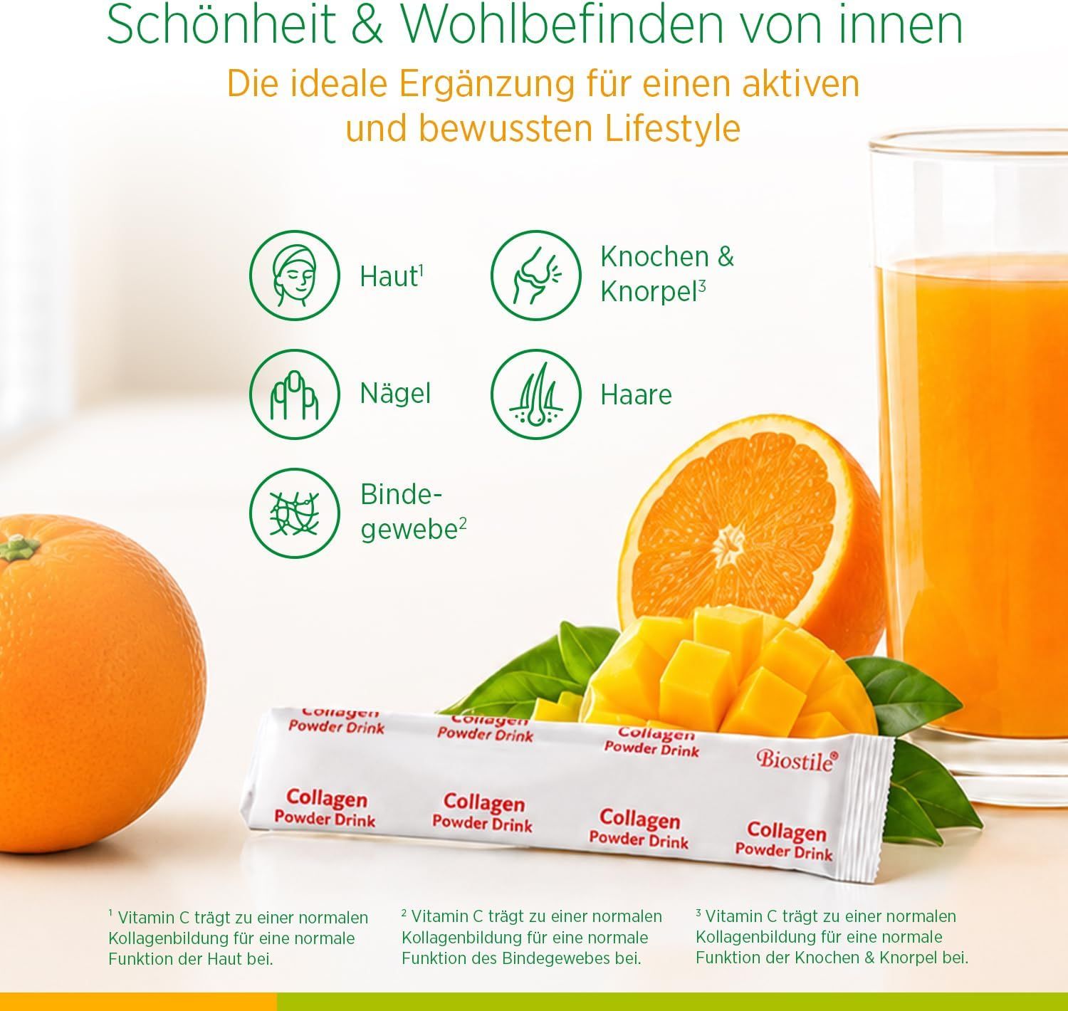 Beutel Biostile Collagen Powder Drink. Vorteile: Haut, Nägel, Haare, Bindegewebe. Vitamin C.