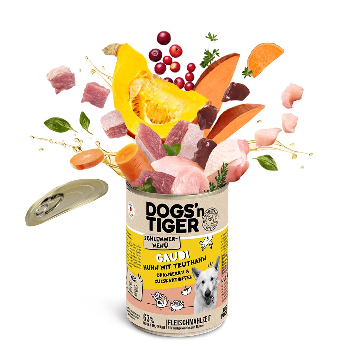 Hundefutterdose mit explodierenden Zutaten: Huhn, Truthahn, Cranberries, Kürbis, Süßkartoffel. Aufschrift: Dogs'n Tiger, Gaudi.