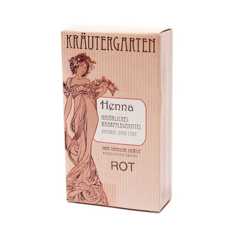 Kartonverpackung mit Aufschrift Kräutergarten. Henna, natürliches Haarpflegemittel, rot. Abbildung einer Frau im Jugendstil.