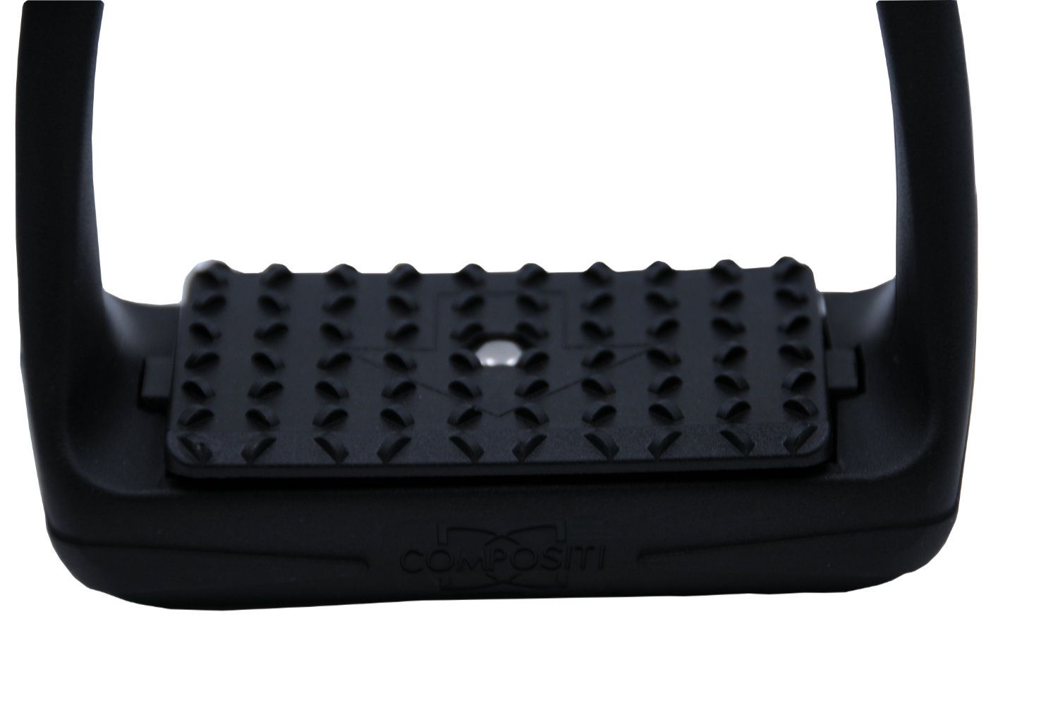 Nahaufnahme eines schwarzen Steigbügels mit einem strukturierten Fußbett. Das Logo 'Compositi' ist sichtbar.