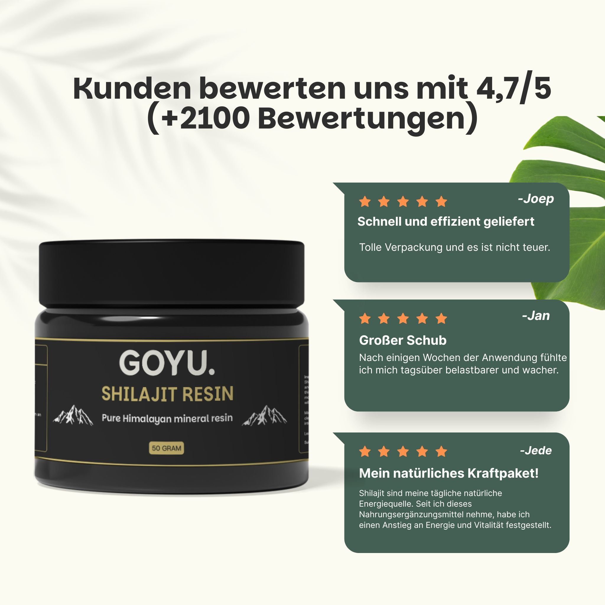 Glas mit Shilajit-Harz. Text: GOYU. Shilajit Resin, 50 Gramm. Kundenbewertungen 4,7/5.