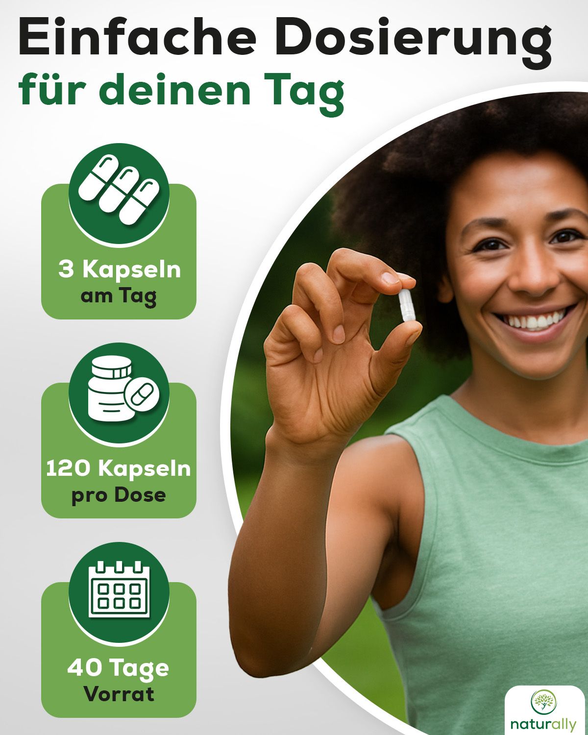 Frau hält Kapsel. Text: 3 Kapseln am Tag, 120 Kapseln pro Dose, 40 Tage Vorrat. Logo: naturally.