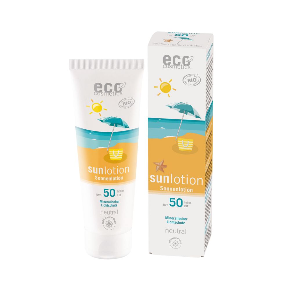 Sonnenlotion und Verpackung. Beide zeigen Strandmotiv mit Sonnenschirm. Text: Sonnenlotion, LSF 50, neutral, eco cosmetics.