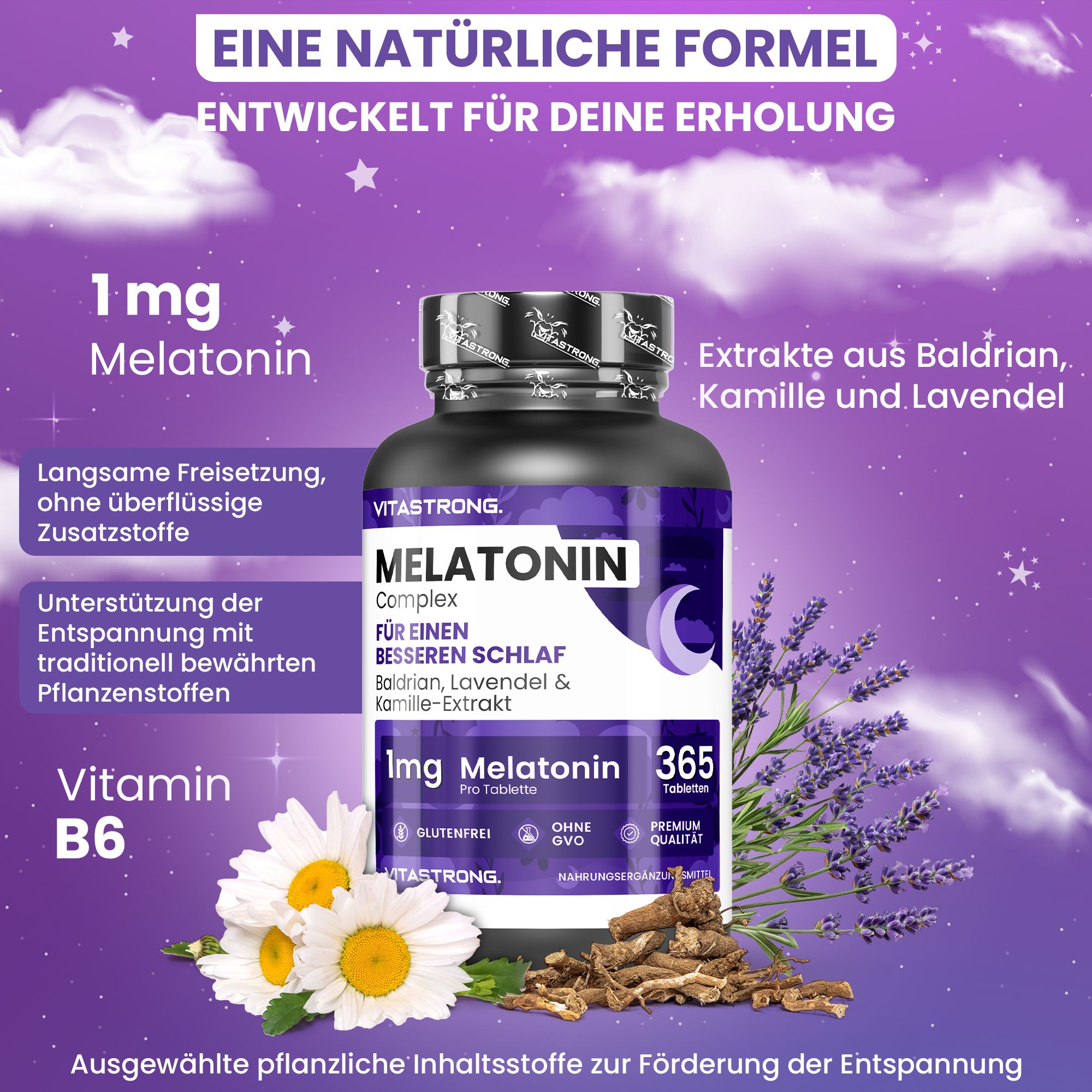 Vitastrong Melatonin Komplex. Flasche mit 365 Tabletten. 1mg Melatonin. Mit Baldrian, Kamille, Lavendel. Vitamin B6.