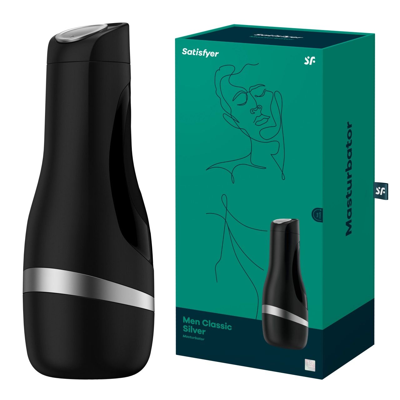 Schwarzes Gerät mit silbernem Band und Verpackung. Verpackung mit Produktabbildung und Schriftzug.