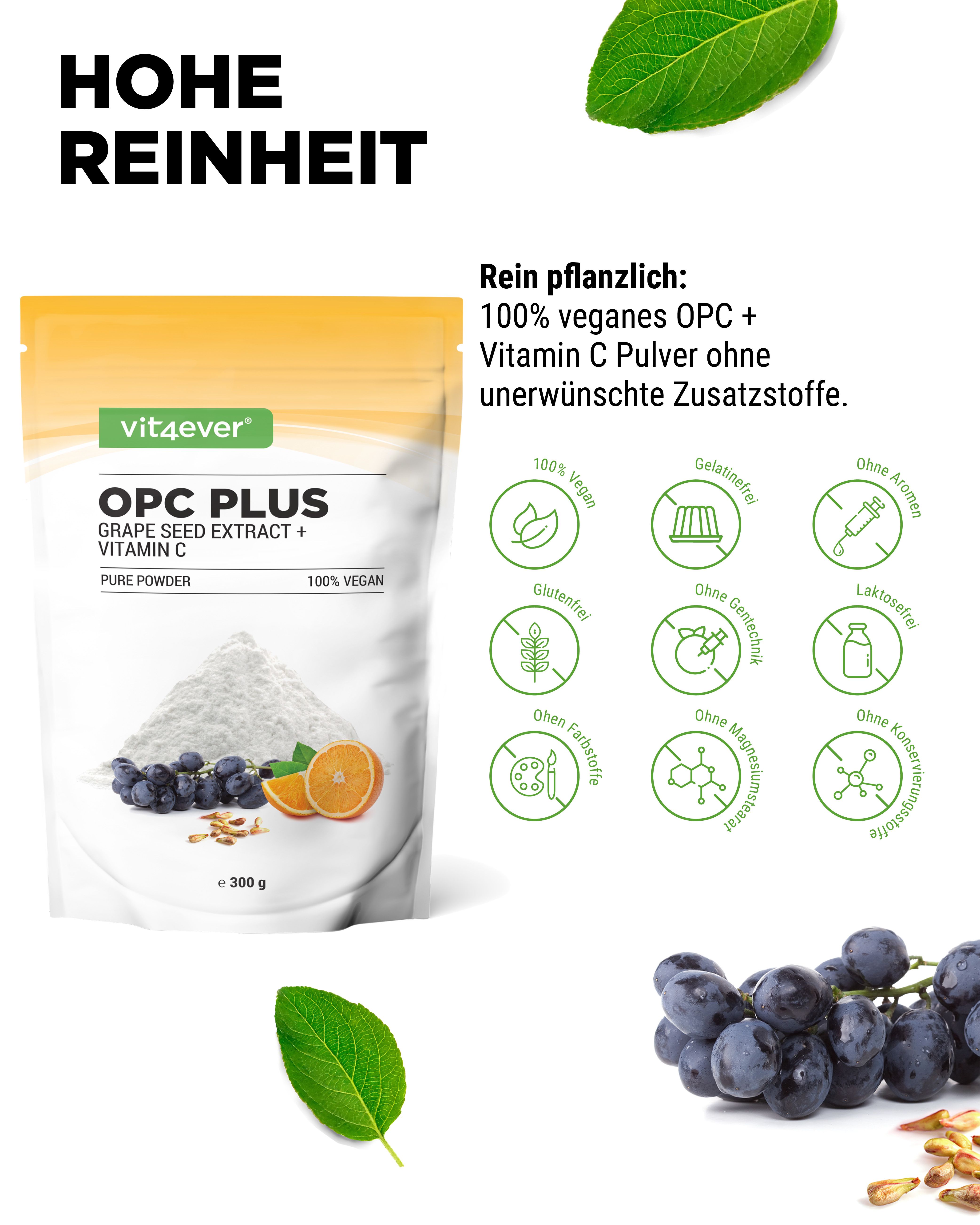 Produktbeutel, Text: OPC PLUS, Grape Seed Extract + Vitamin C, 100% Vegan. Illustrationen: 100% vegan, glutenfrei, ohne Aromen.