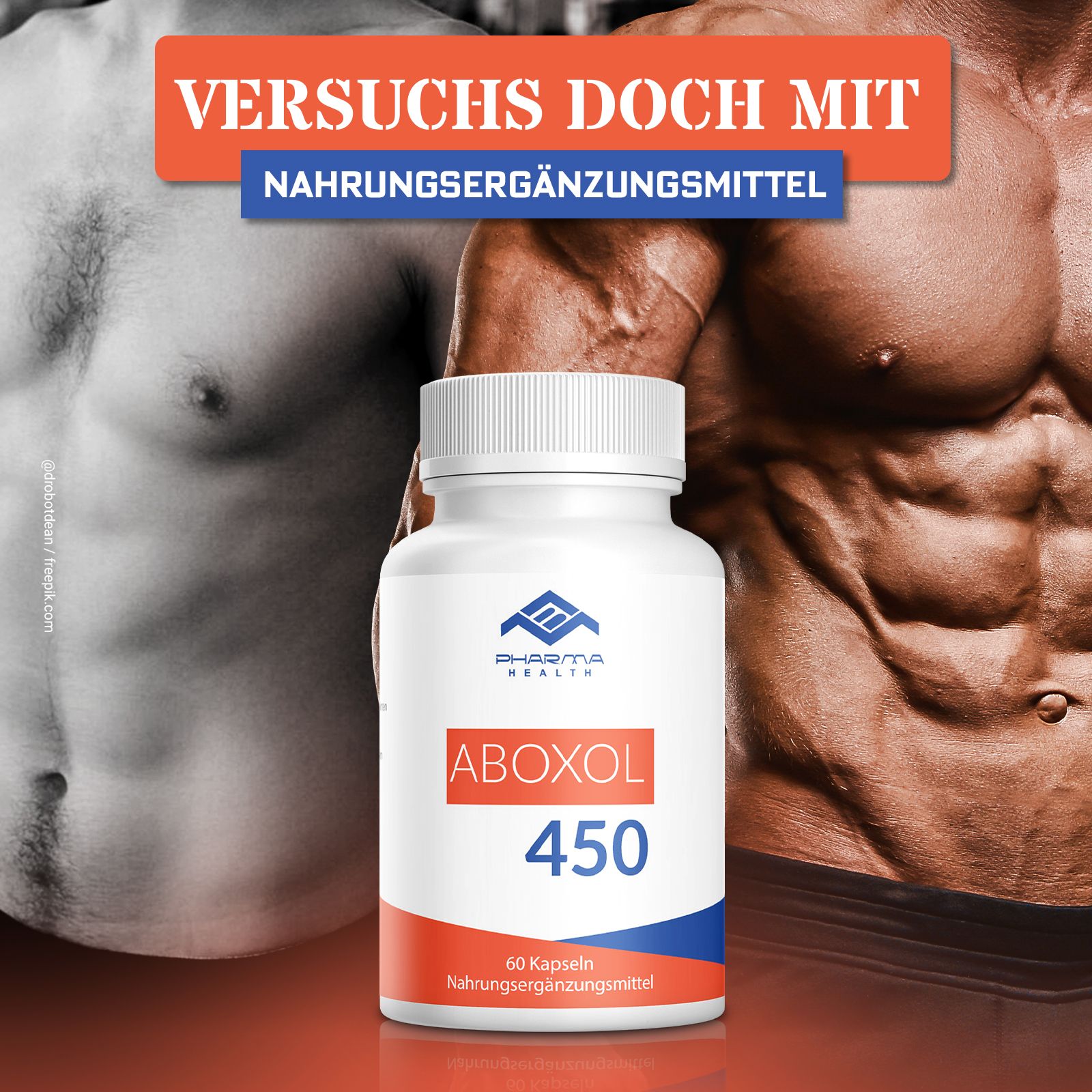 Weiße Flasche mit Aboxol 450. Aufschrift: 60 Kapseln, Nahrungsergänzungsmittel. Hintergrund: muskulöser Mann.