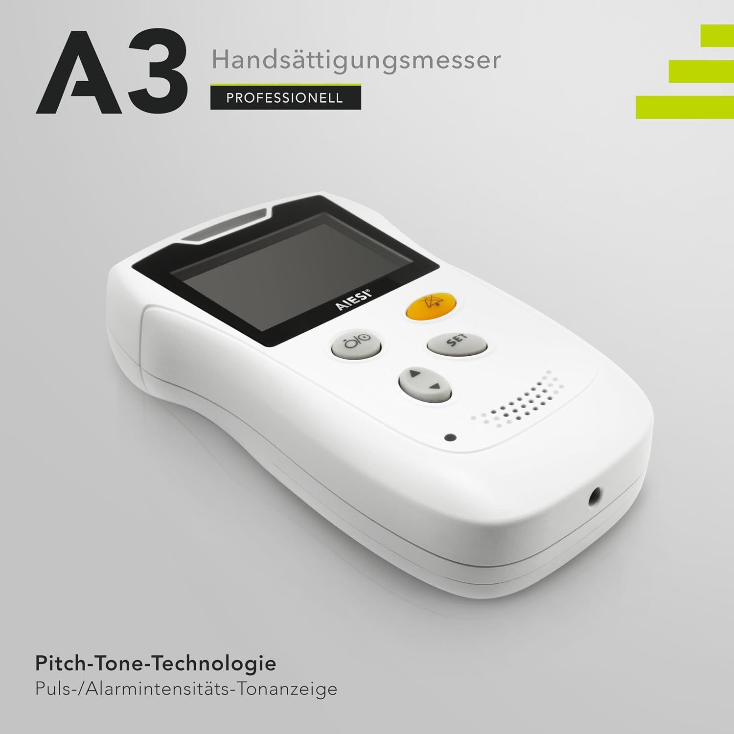 Ein weißes Fingerspulsoximeter mit LCD-Display, Tasten und einem Fingerclip, daneben die Verpackung.