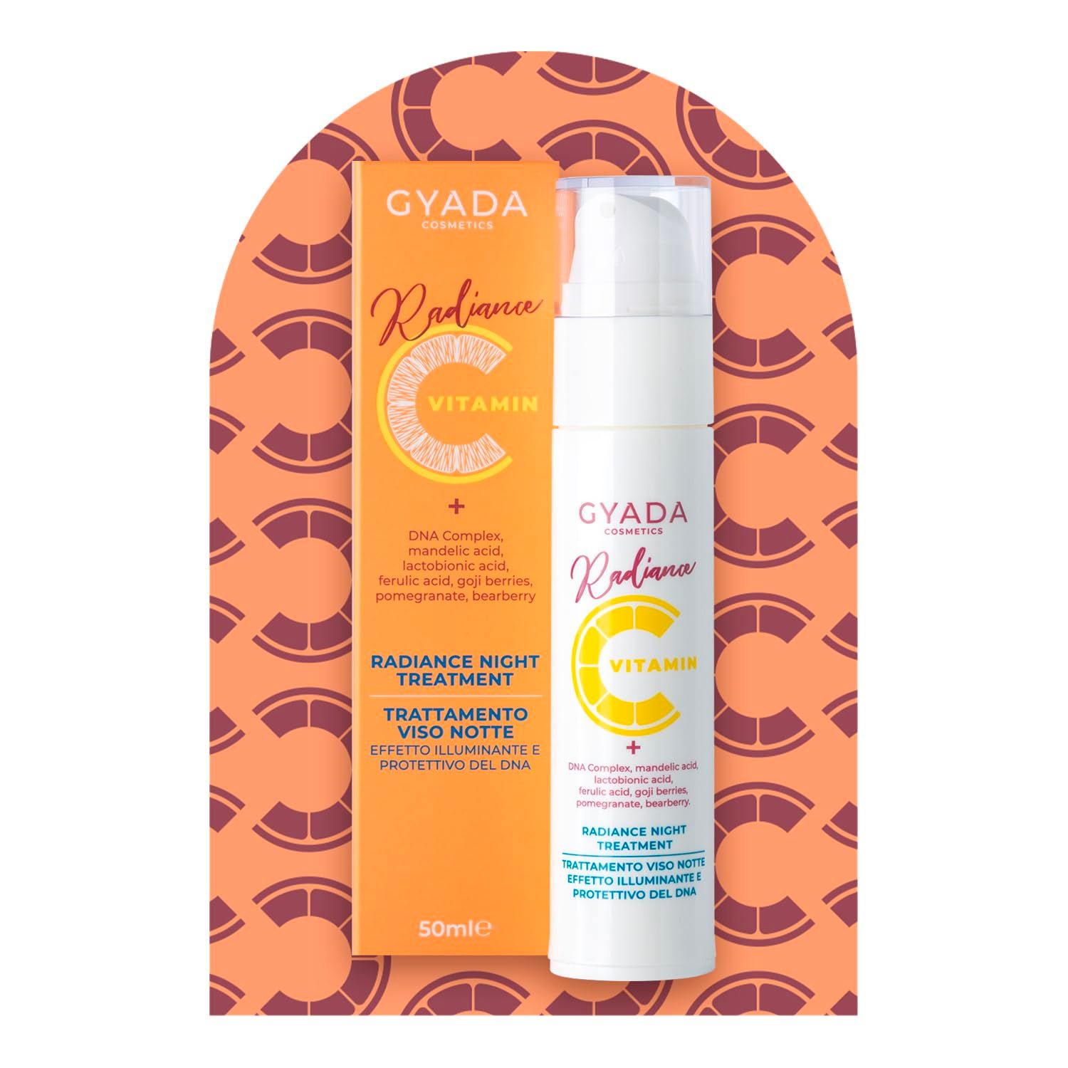 Gyada Cosmetics Radiance Vitamin C Nachtbehandlung in einer weißen Flasche mit Pumpspender.