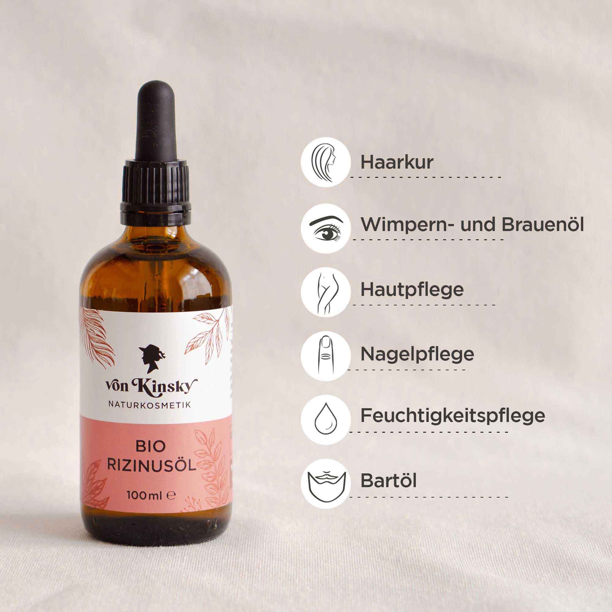 Eine Flasche von Kinsky® Bio Rizinusöl mit Tropfer. Aufschrift: BIO RIZINUSÖL, 100ml. Illustrationen und Icons für Anwendungen.