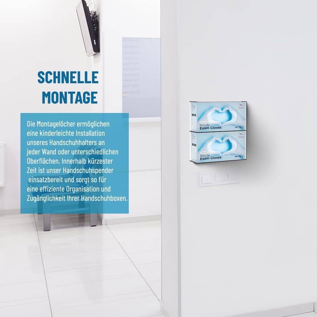 Zwei Schachteln Nitril-Untersuchungshandschuhe an einer Wand montiert.