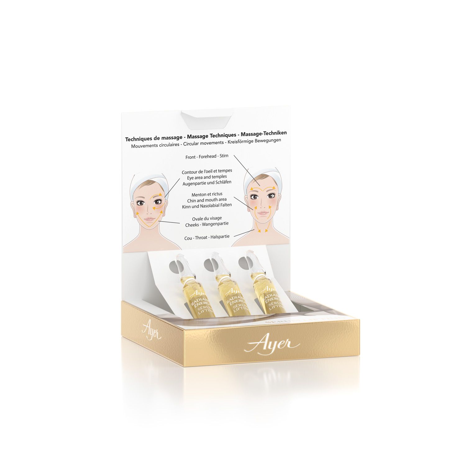 Verpackung mit drei Ampullen Ayer Radiance Energy Lifting Serum. Goldfarbene Verpackung mit Diagramm zur Gesichtsmassage.