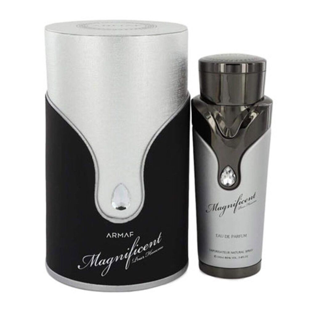 Flakon und Verpackung. Silberne Verpackung, schwarzer Boden. "Armaf Magnificent Pour Homme"-Schriftzug.