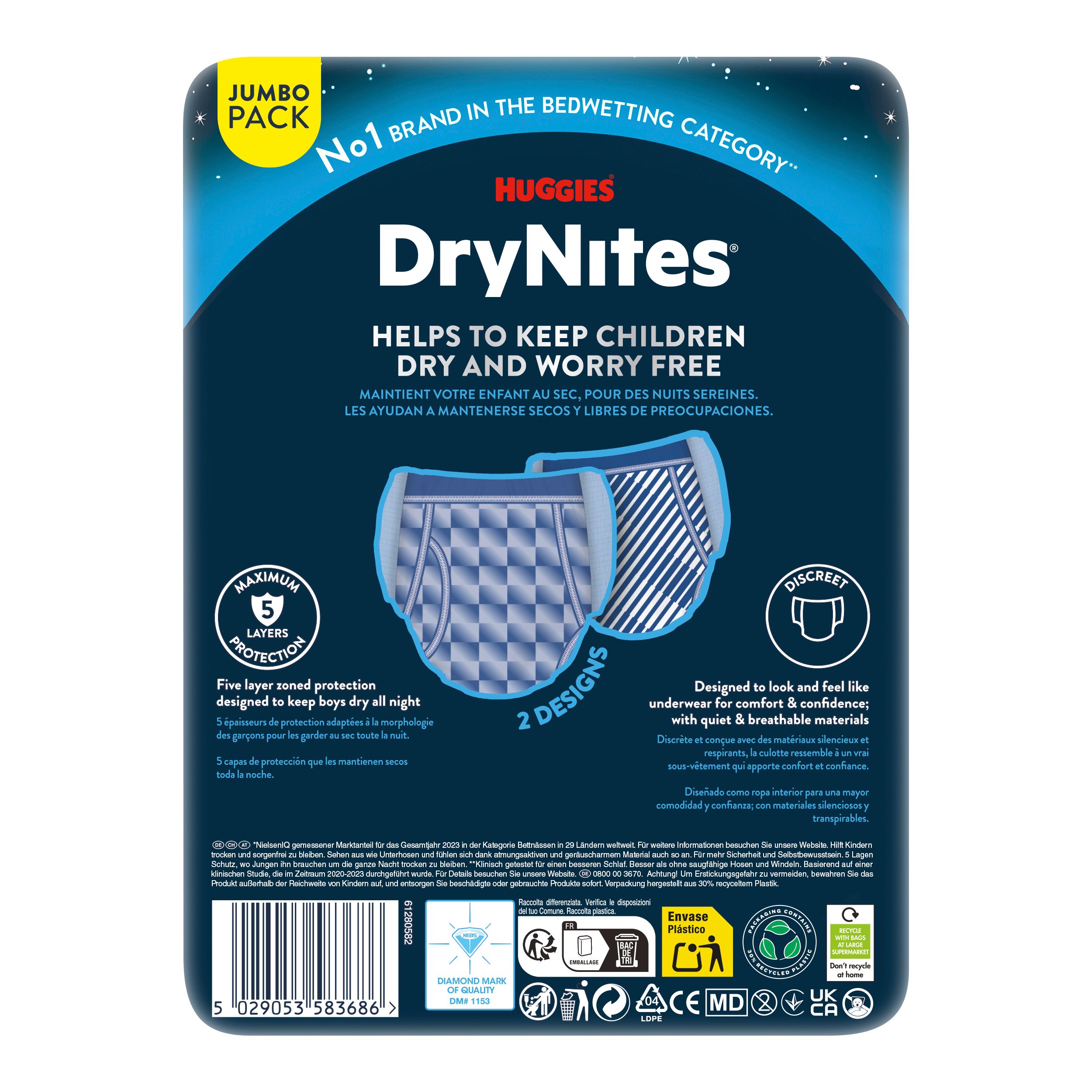 Rückseite der DryNites Pyjama Pants Verpackung. Enthält Informationen zu den Windeln, 2 Designs, 6 Schutzschichten, und Zertifizierungen.