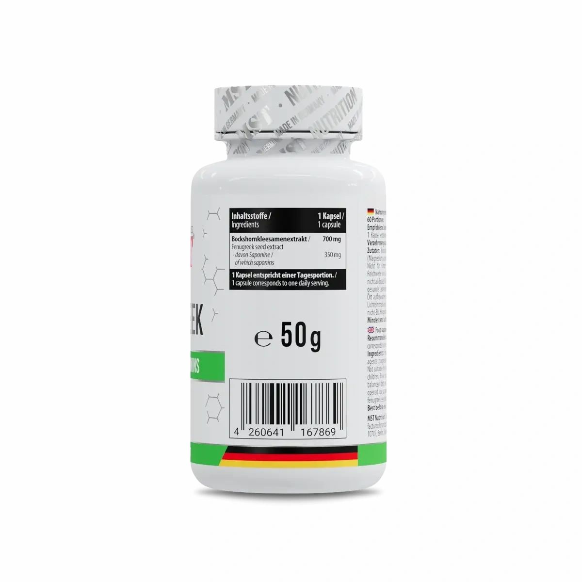 Rückseite einer weißen Flasche MST Fenugreek. Etikett mit Inhaltsstoffen, Barcode, und Text. 50g. Flagge Deutschland.