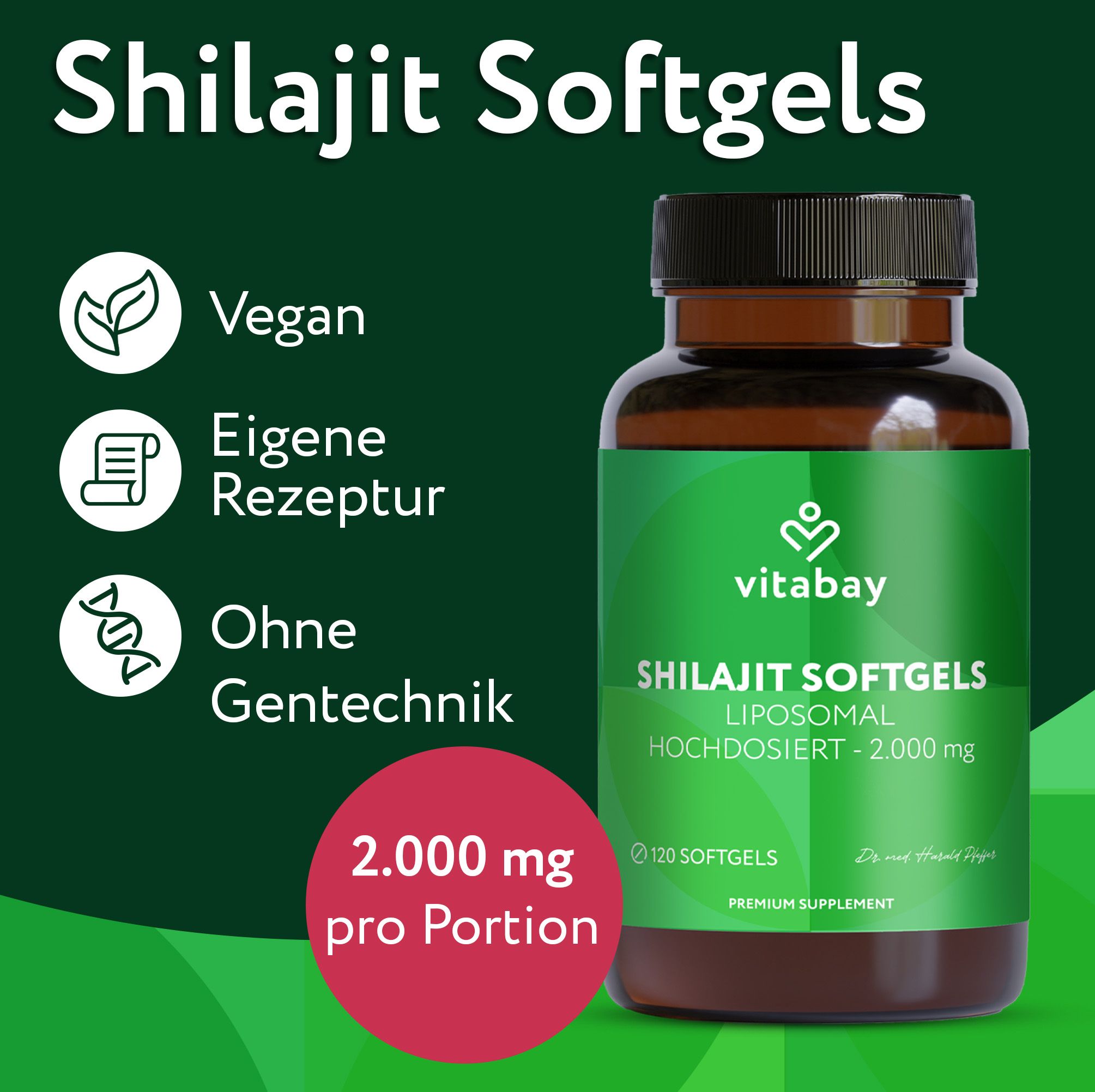 Braune Flasche. Text: Vegan, Eigene Rezeptur, Ohne Gentechnik, 2.000 mg pro Portion. Produkt: Shilajit Softgels Liposomal hochdosiert. Logo: Vitabay. 120 Softgels.