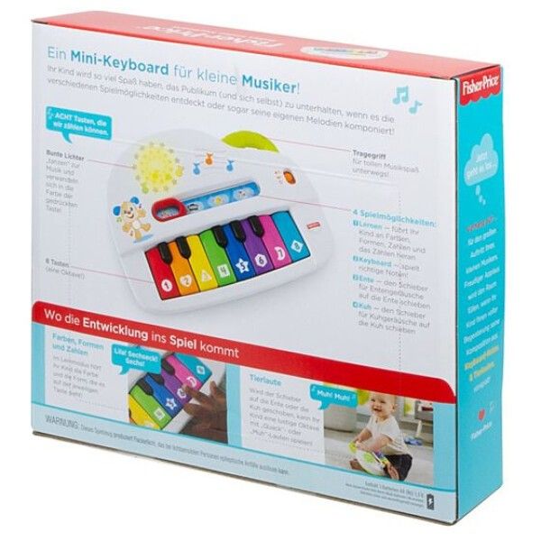 Rückseite der Verpackung für ein Mini-Keyboard. Text und Illustrationen zeigen das Produkt und seine Funktionen. Marke: Fisher Price.