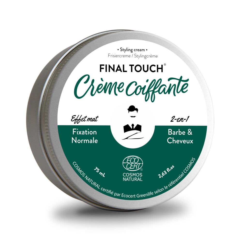 Runde Dose mit "Final Touch Crème Coiffante". 2-in-1 für Bart & Haare. Aufschrift "Effet mat" und "Fixation Normale".