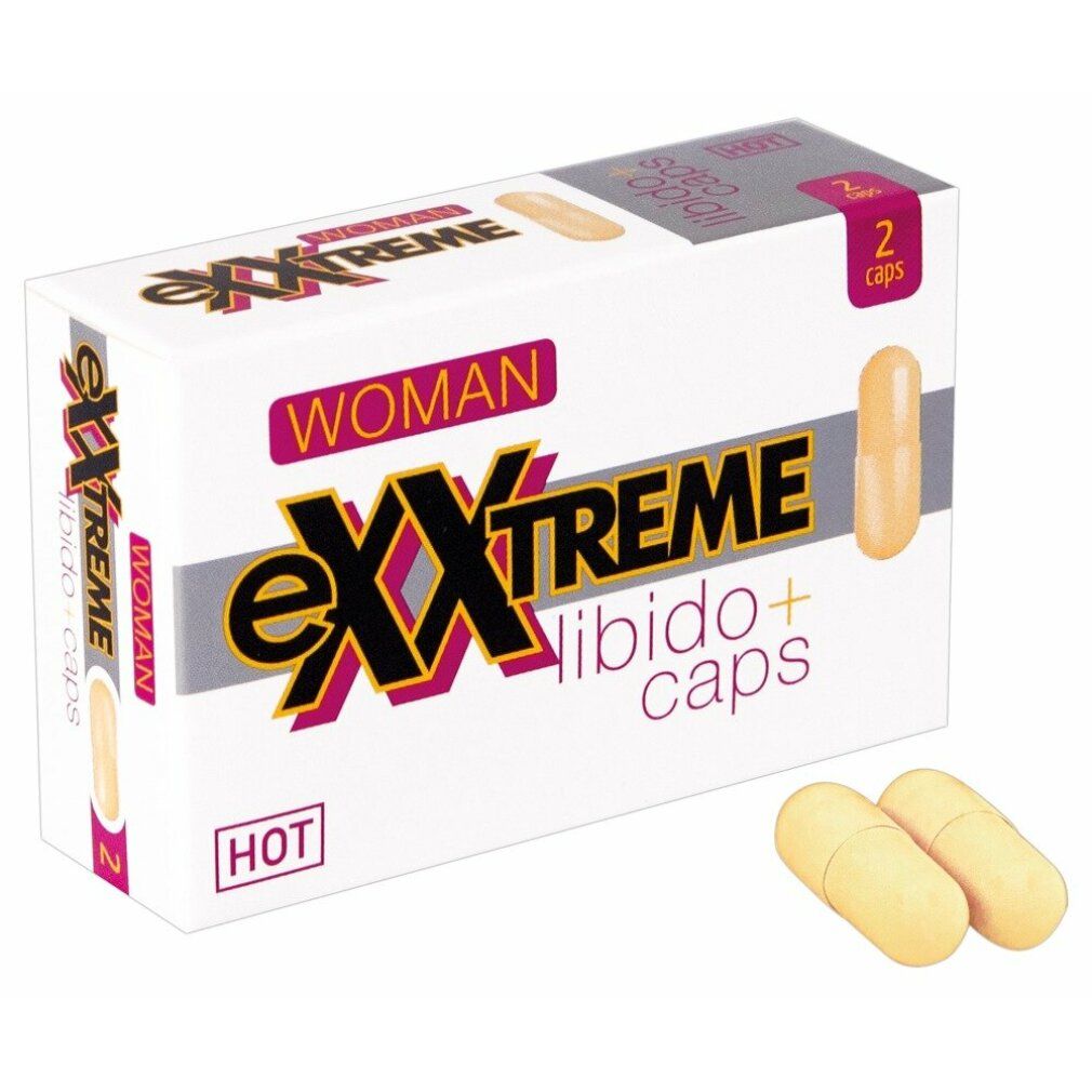 Verpackung mit zwei Kapseln. Aufschrift: eXXtreme Libido+ caps, Woman, HOT. Zwei Kapseln liegen daneben.