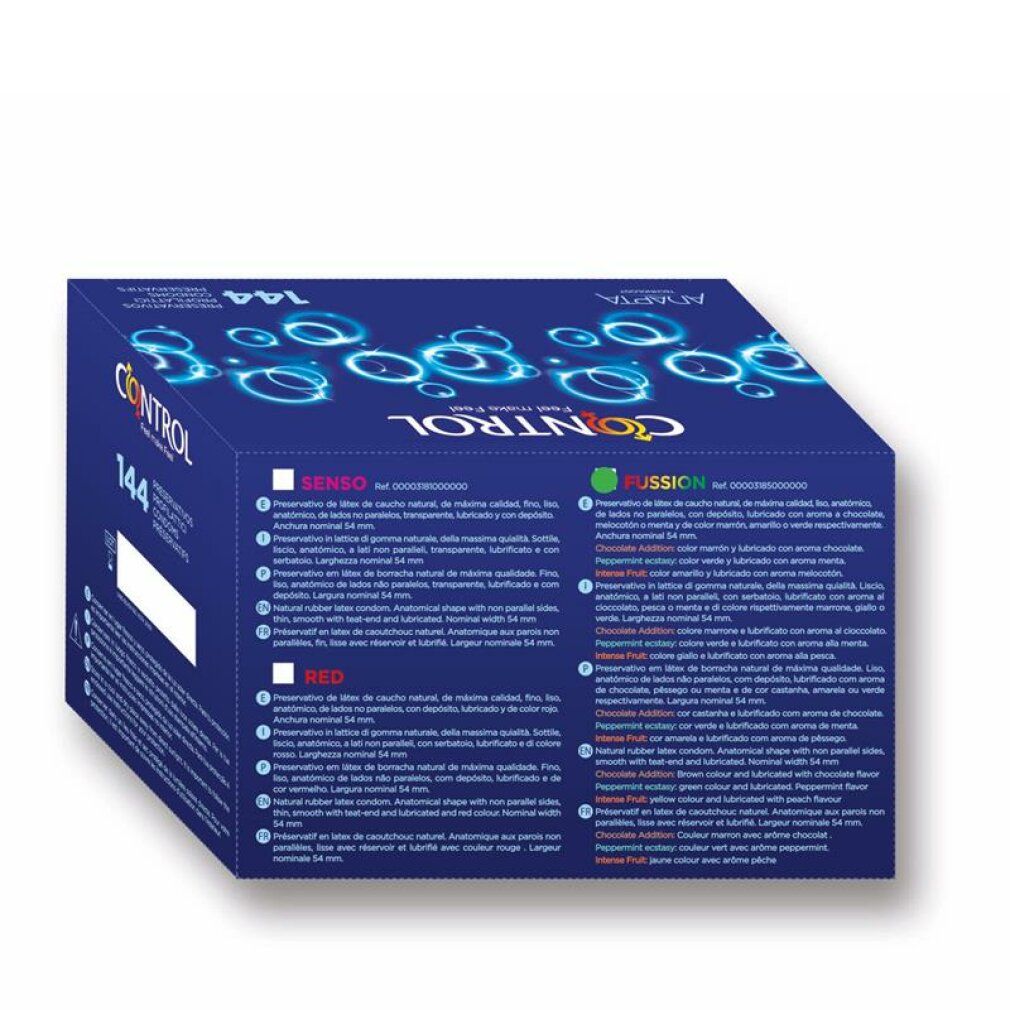 Blau-weiße Schachtel mit "CONTROL"-Logo und "144". Text in mehreren Sprachen. Rückseite mit Produktinformationen.