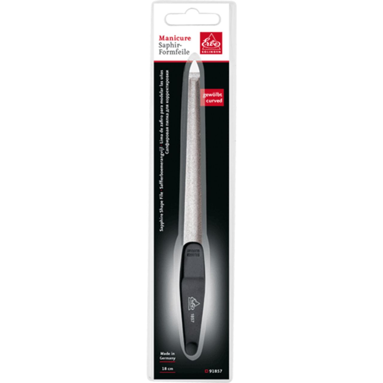 Verchromte Saphir-Nagelfeile mit Griff, spitz, grob/fein, 18 cm, in Verpackung.