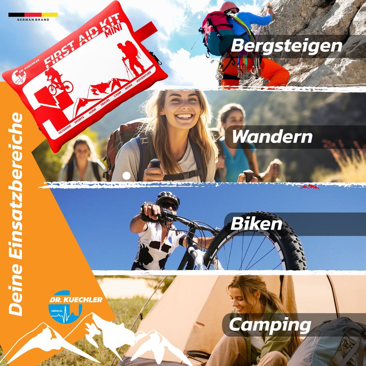 Werbefoto mit Erste-Hilfe-Tasche. Szenen: Bergsteigen, Wandern, Biken, Camping. Text: „Deine Einsatzbereiche“. Logo: Dr. Kuechler.