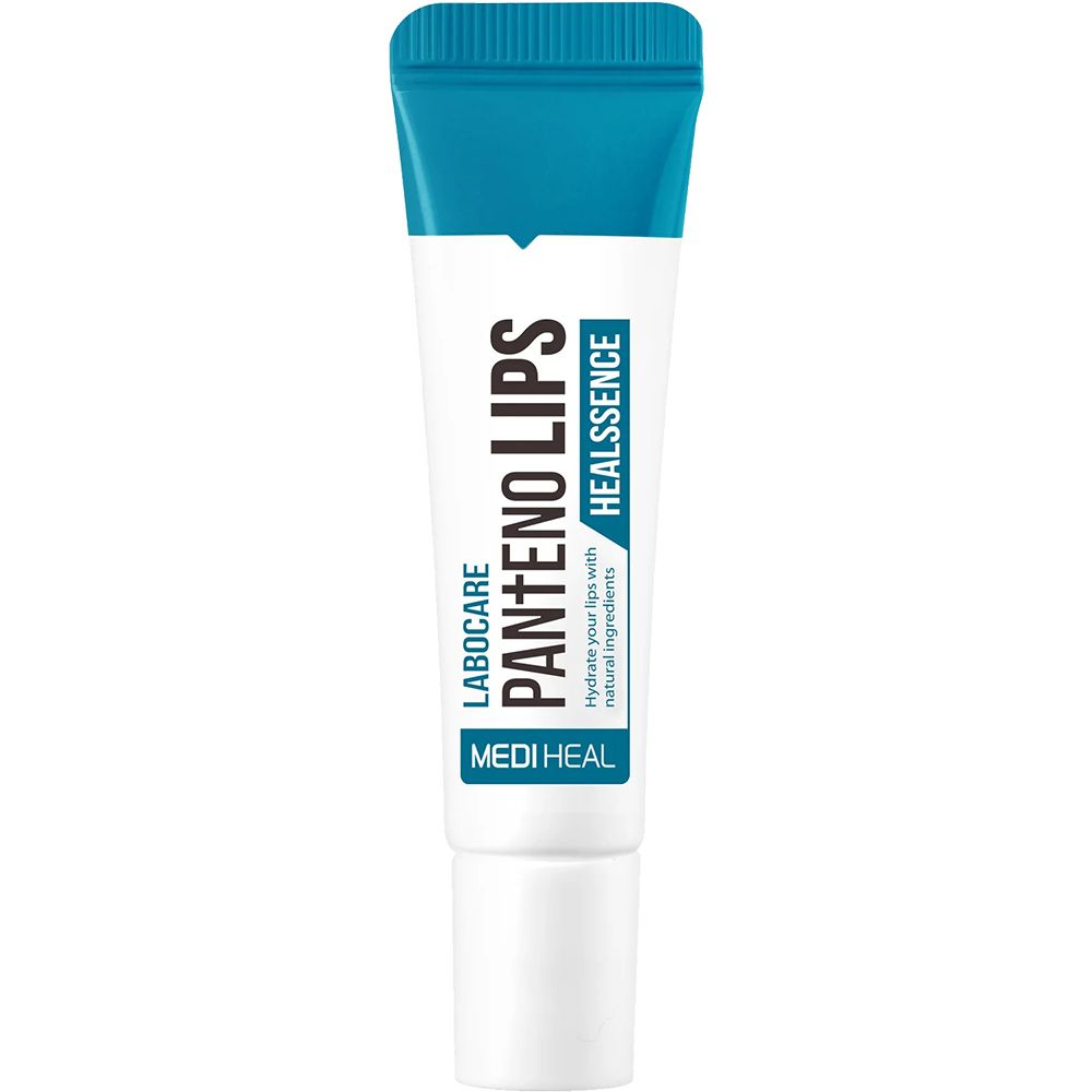 Weiß-blaue Tube mit Produktnamen und Schriftzug. MEDIHEAL Labocare Pantenolips Healssence Lip Balm.