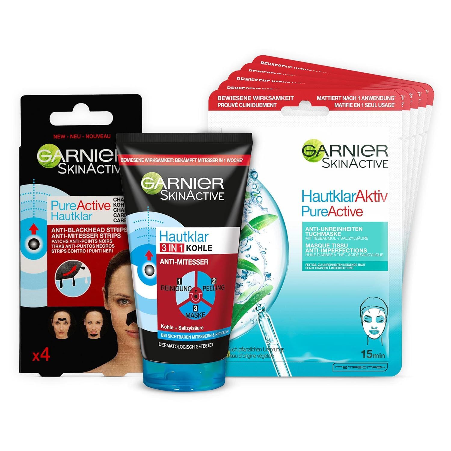 Garnier Gesichtspflege Set: 3 Produkte. Schwarze Anti-Mitesser-Streifen, 3in1-Reinigung, Peeling, Maske und Maskenpackungen. Verpackung mit Produktnamen.