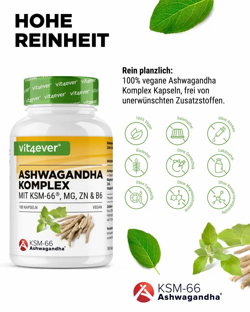 Produktflasche mit Symbolen. Aufschrift: Ashwagandha Komplex mit KSM-66, MG, ZN & B6. 180 Kapseln. Vegan, glutenfrei, etc.