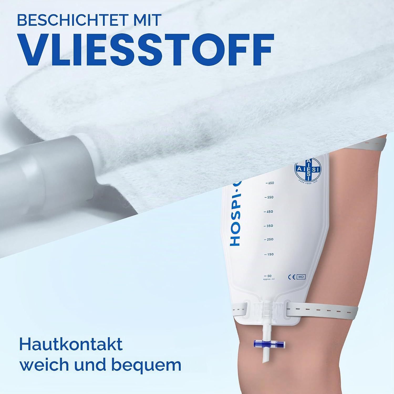 Hospibag Urinbeutel für das Bein, beschichtet mit Vliesstoff für Hautkontakt.