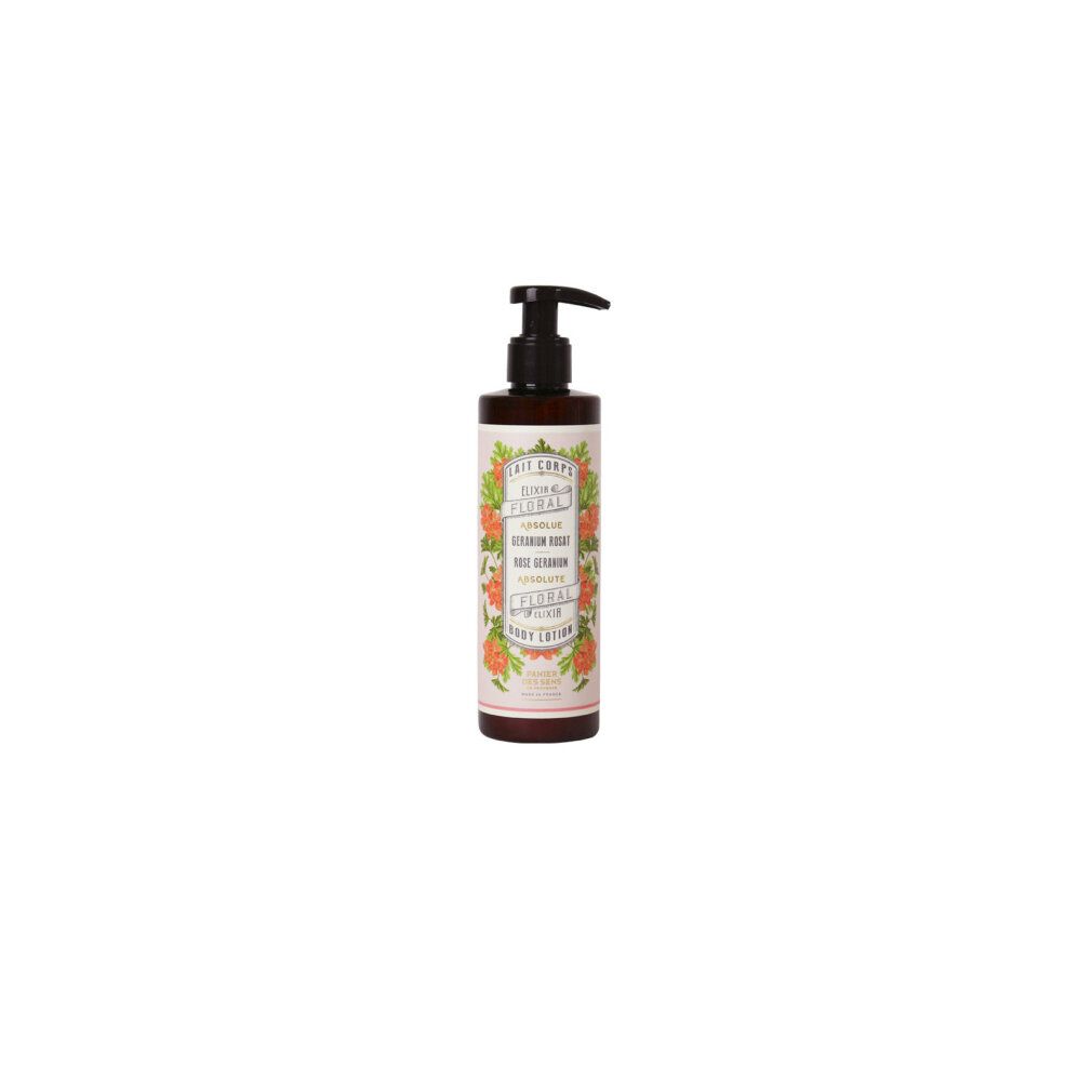 Körperlotion mit Spender. Etikett mit floralem Design und Text: "Rose Geranium".