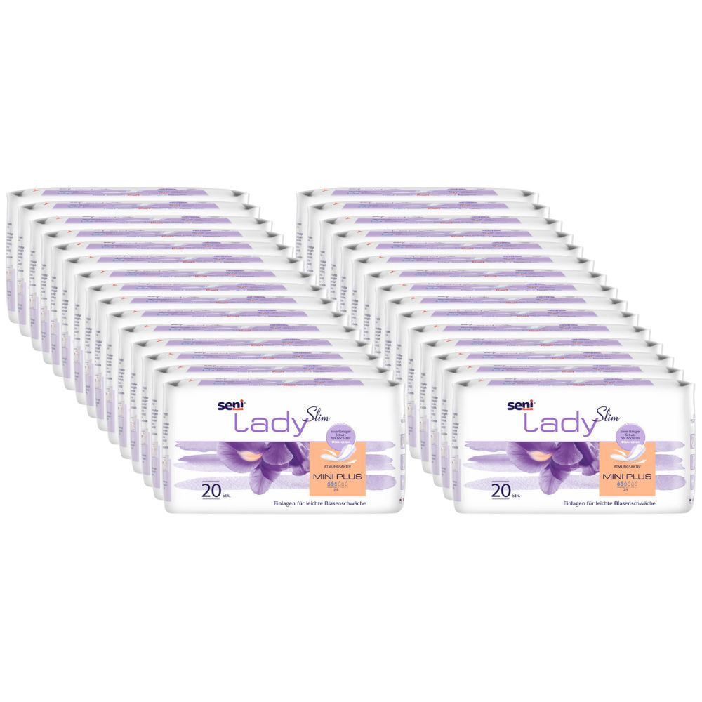 Mehrere Packungen Seni Lady Slim Mini Plus a20. Einzelpackungen mit Produktnamen und 20 Stück. Lila und weiße Verpackung.