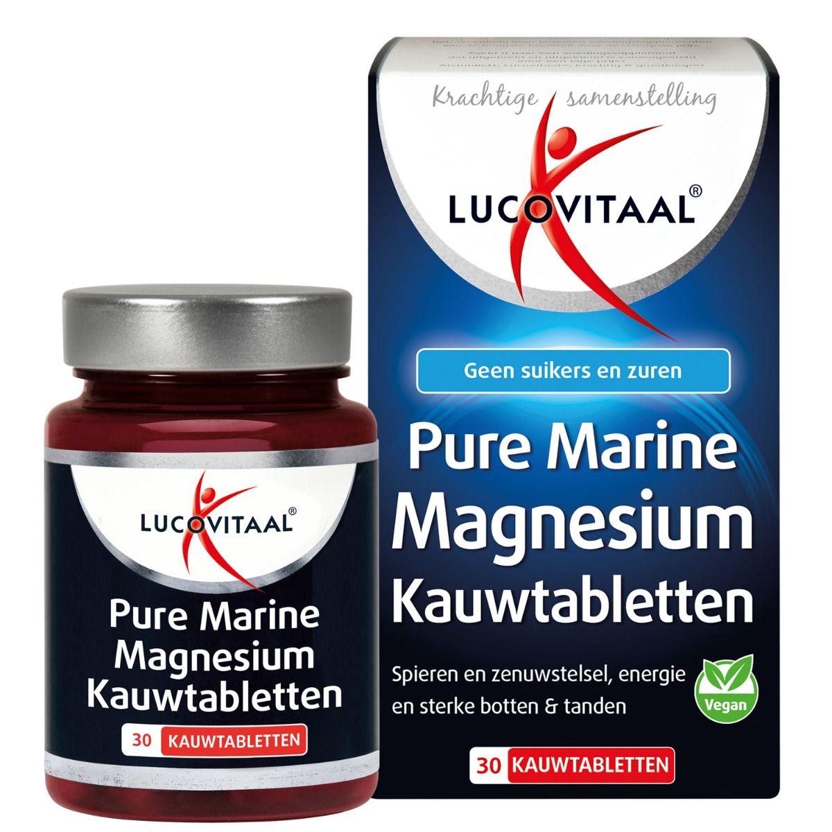 Flasche und Karton mit LucoVitaan Pure Marine Magnesium Kautabletten, 30 Stück.