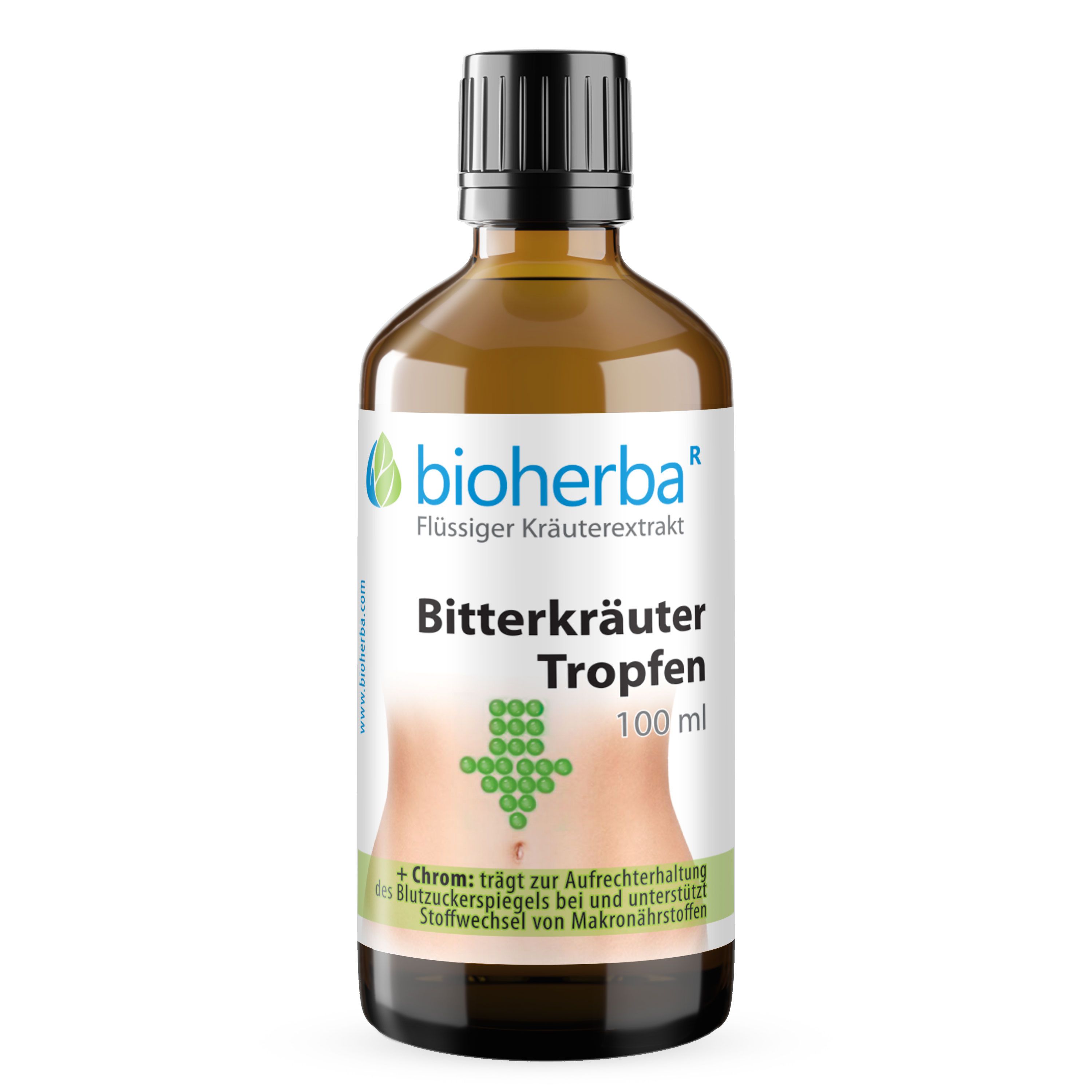 Etikett mit Produktname und Logo. Text: Bitterkräuter Tropfen, 100 ml. Zusammensetzung und Verzehrempfehlung.
