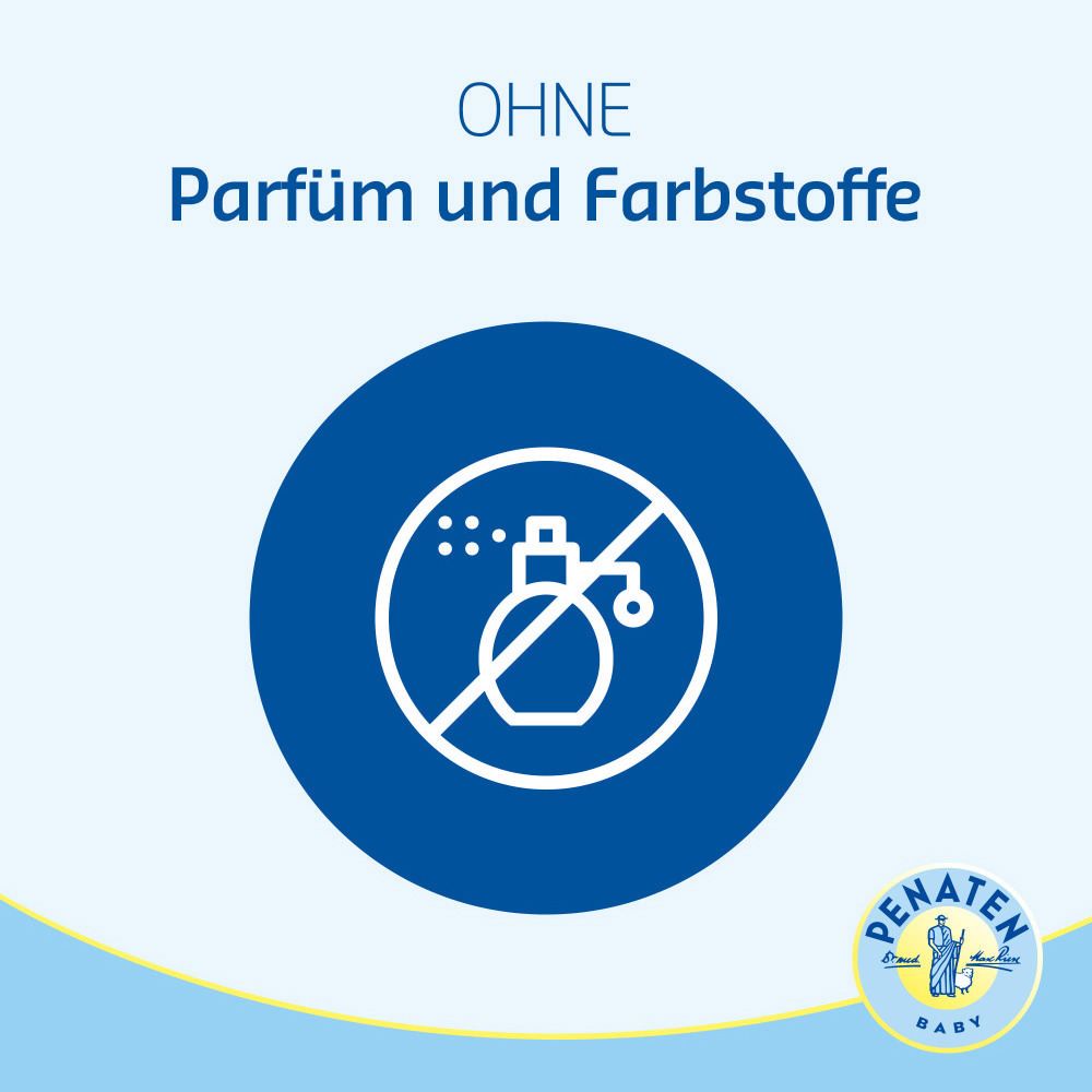Blauer Kreis mit weißem Symbol: kein Parfüm. PENATEN® Baby-Logo unten rechts.