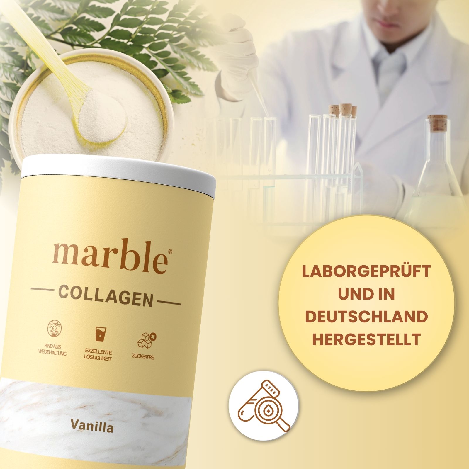 Beige Dose mit Aufschrift marble® COLLAGEN, Vanilla, 450g. Im Hintergrund: Laborumgebung, Teströhrchen. Text: Laborgeprüft und in Deutschland hergestellt.