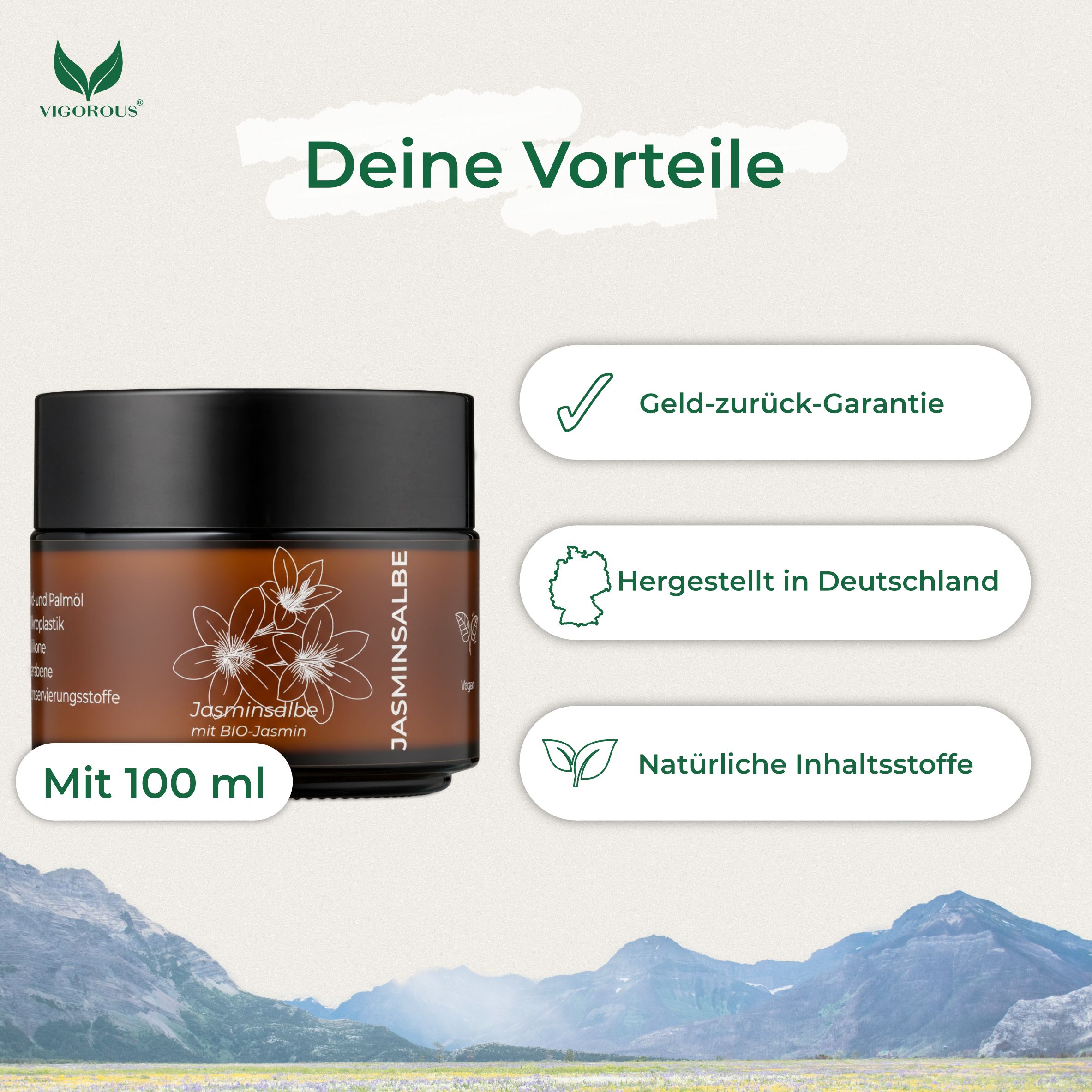 Braune Creme-Dose mit schwarzem Deckel und Schriftzug Jasminsalbe. Text: Geld-zurück-Garantie, Hergestellt in Deutschland, Natürliche Inhaltsstoffe.