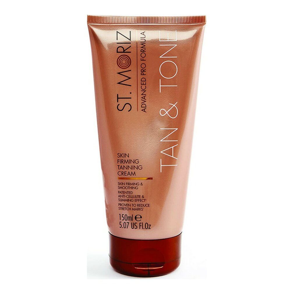Hautstraffende Selbstbräunungscreme in Tube. Marke: St. Moriz. Text: Skin Firming Tanning Cream. 150ml.