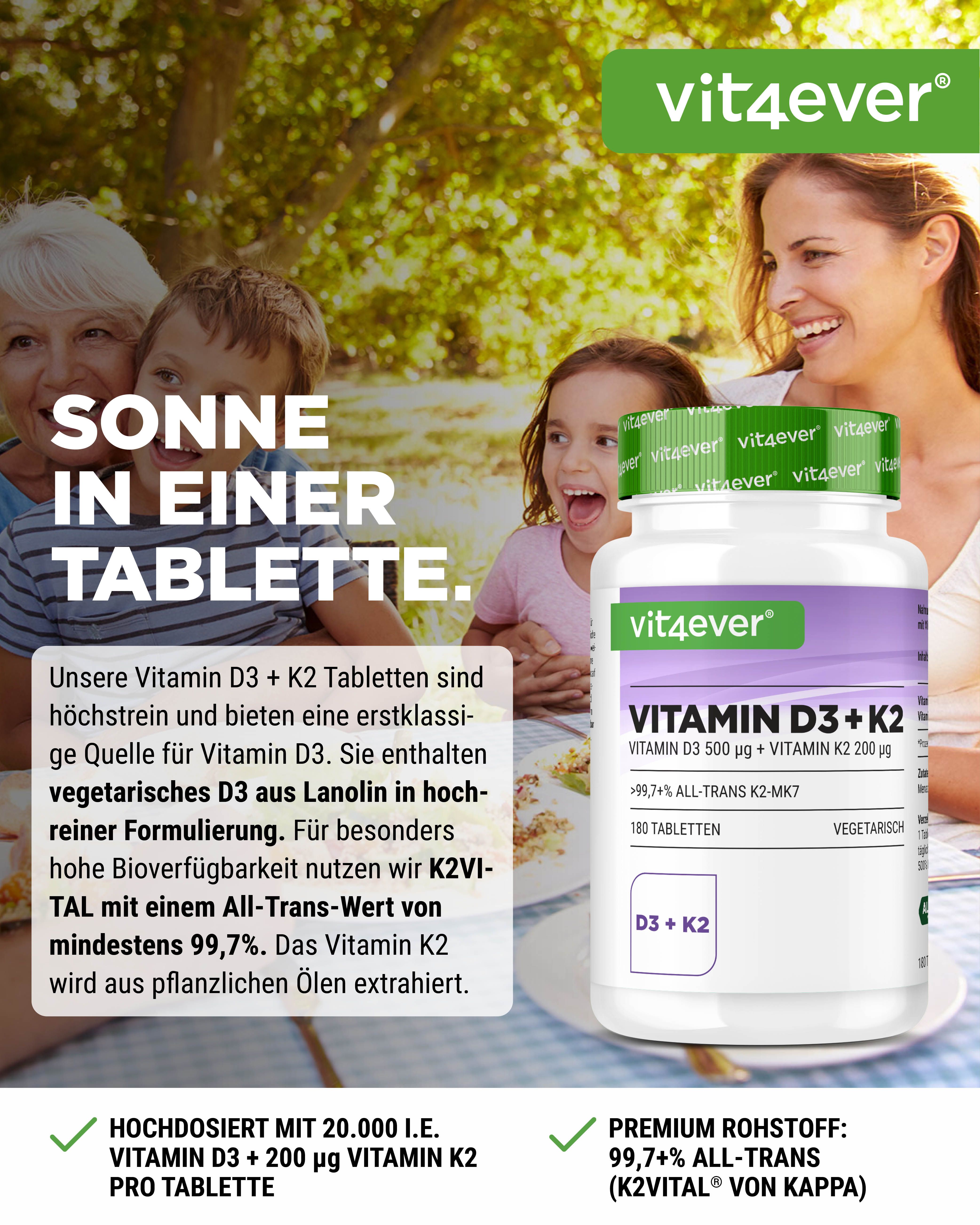 Familie im Freien. Flasche "vit4ever Vitamin D3 + K2" im Vordergrund. Text: "Sonne in einer Tablette".