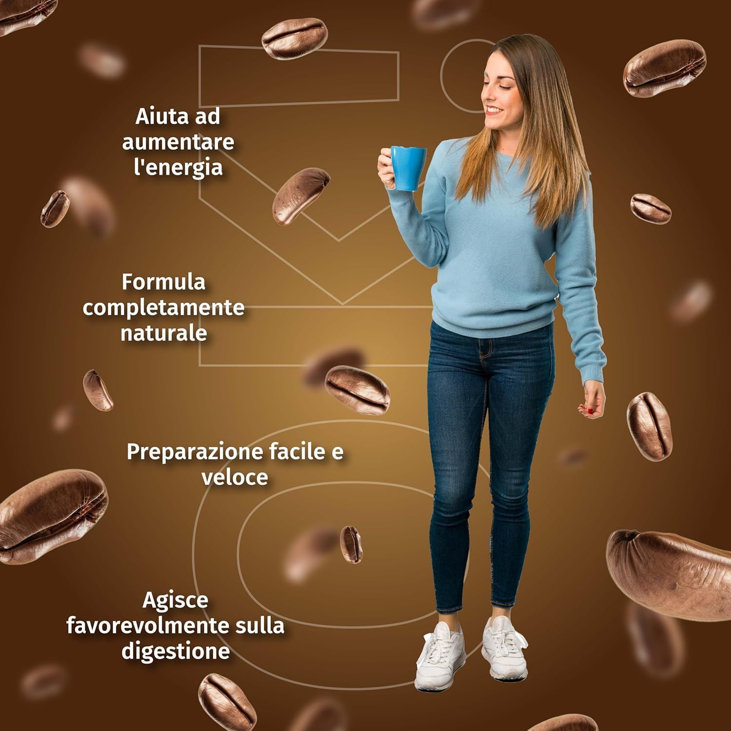 Frau mit blauer Tasse. Kaffeebohnen im Hintergrund. Text: Hilft, die Energie zu steigern. Vollkommen natürliche Rezeptur. Schnelle Zubereitung.
