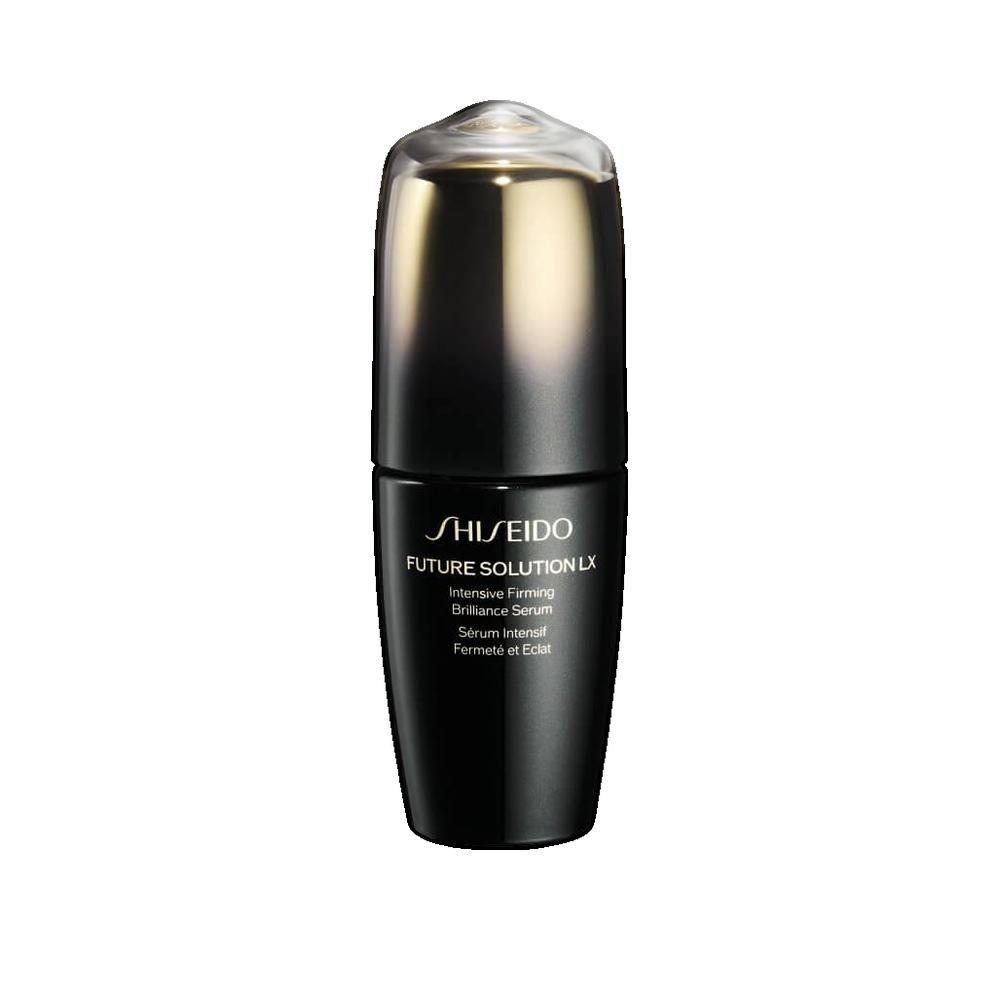 Schwarze Flasche mit goldfarbenem Deckel. Schriftzug: Shiseido Future Solution LX, Intensive Firming Brilliance Serum.
