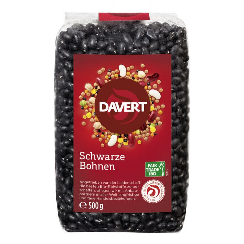 Verpackung mit schwarzen Bohnen. Rotes Etikett mit "DAVERT" und "Schwarze Bohnen". Fairtrade-Siegel und Gewichtsangabe.