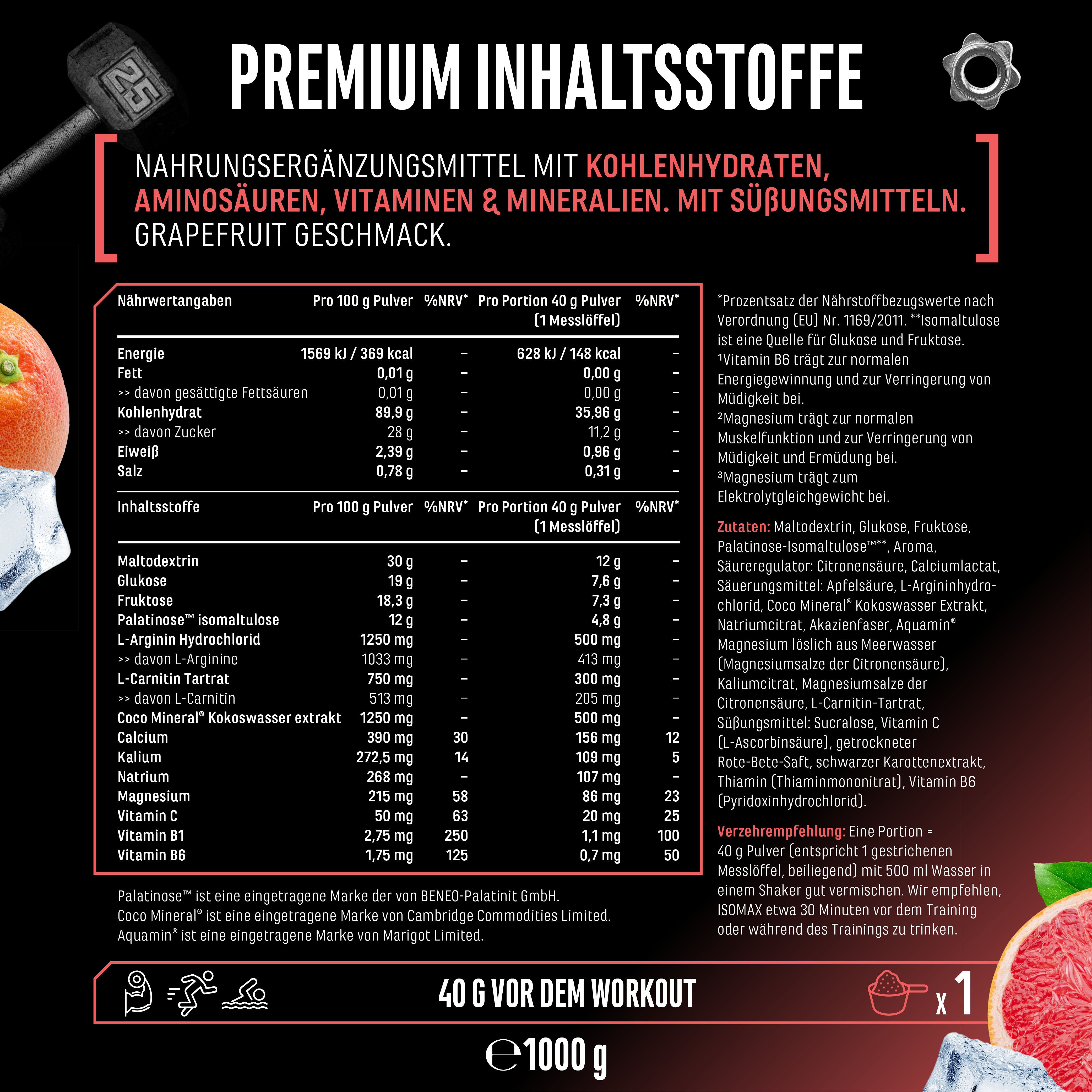 Werbefläche mit Nährwertangaben und Inhaltsstoffen. Text: Premium Inhaltsstoffe, Kohlenhydrate, Aminosäuren, Vitamine, Grapefruit Geschmack.