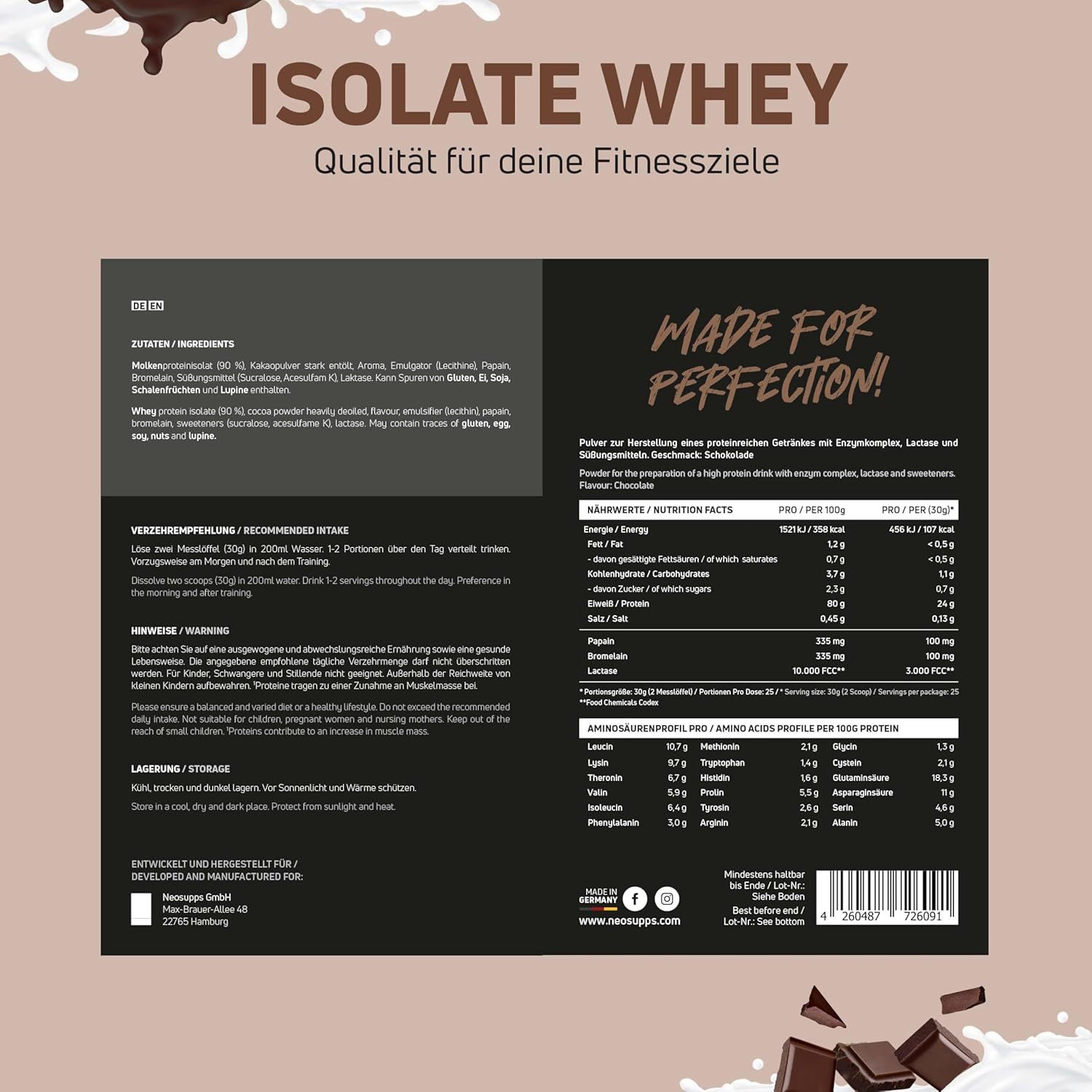 Nährwertangaben und Zutatenliste von Isolate Whey. Enthält Informationen zu Proteingehalt, Aminosäuren und Nährwerten pro Portion.